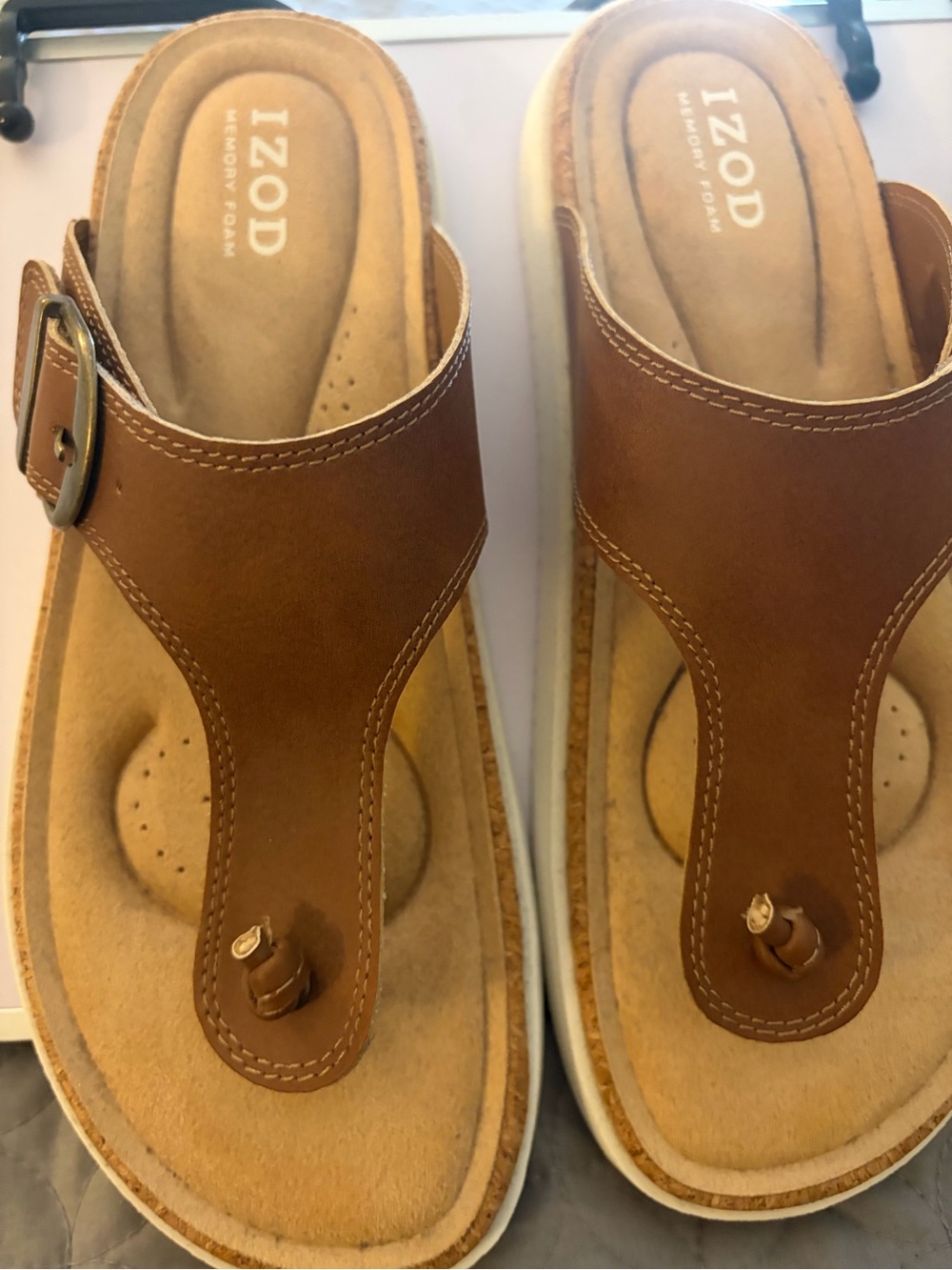 Izod Tan Leather Thong Sandals with Buckle